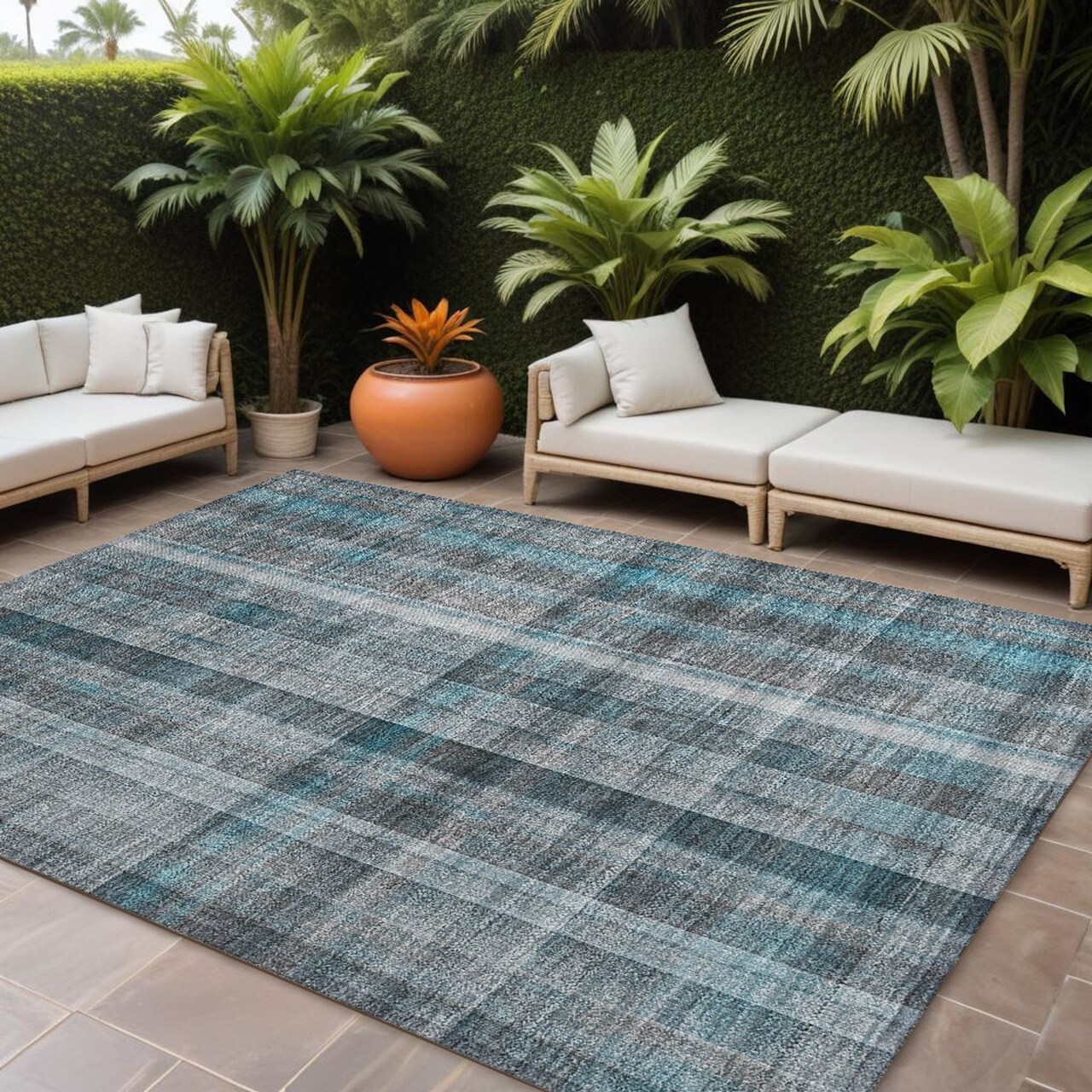 Edge Collections - 10' x 14' - Blue - Plaid Indoor Outdoor Area Rug for Warmth and Style - 1 Piece